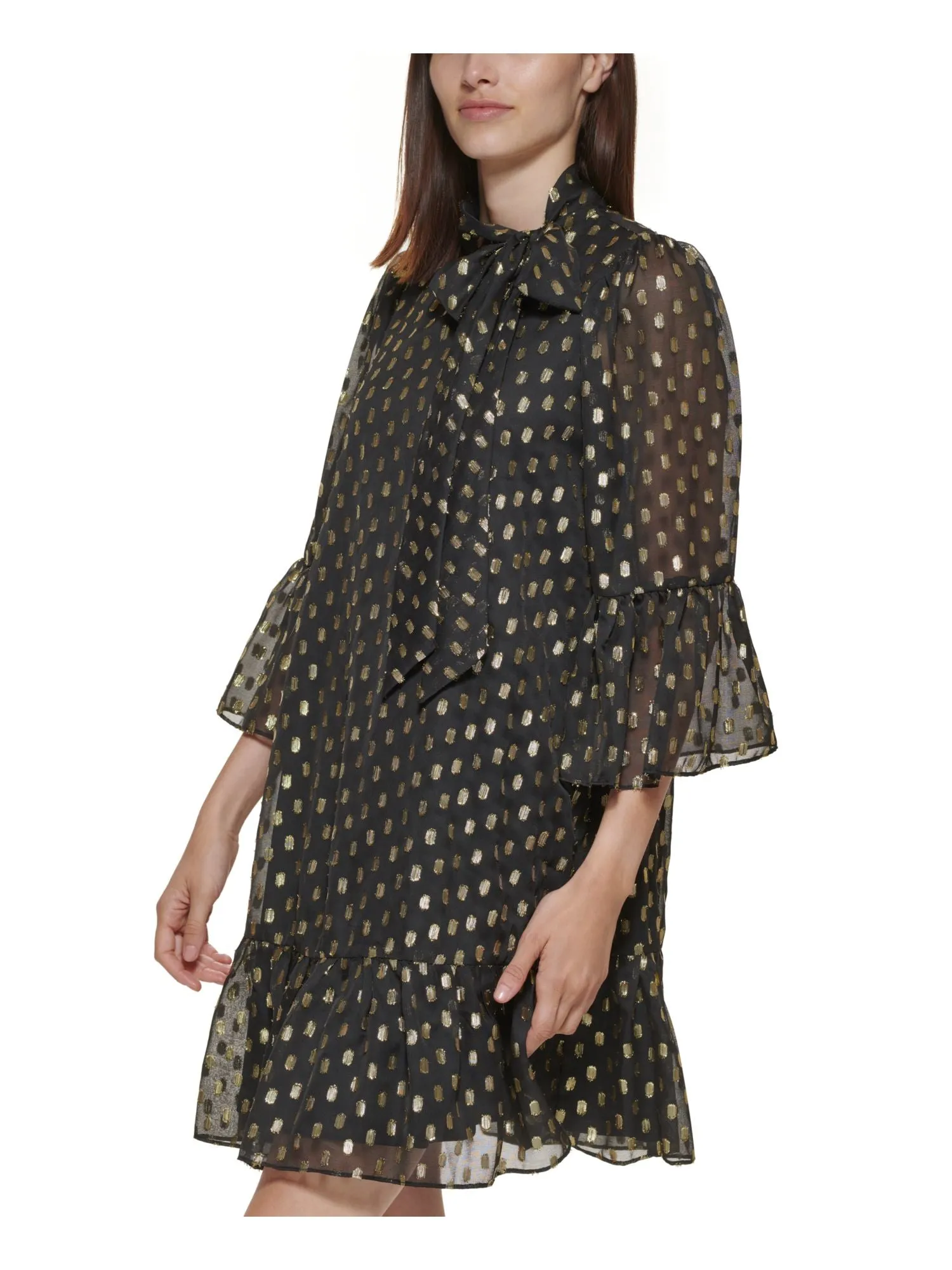 CALVIN KLEIN Womens Black Lined Sheer Tie Ruffled Keyhole Back Polka Dot Bell Sleeve Mock Neck Above The Knee Shift Dress