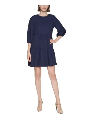 CALVIN KLEIN Womens Navy Textured Keyhole Back Tiered Lined 3/4 Sleeve Round Neck Short Shift Dress