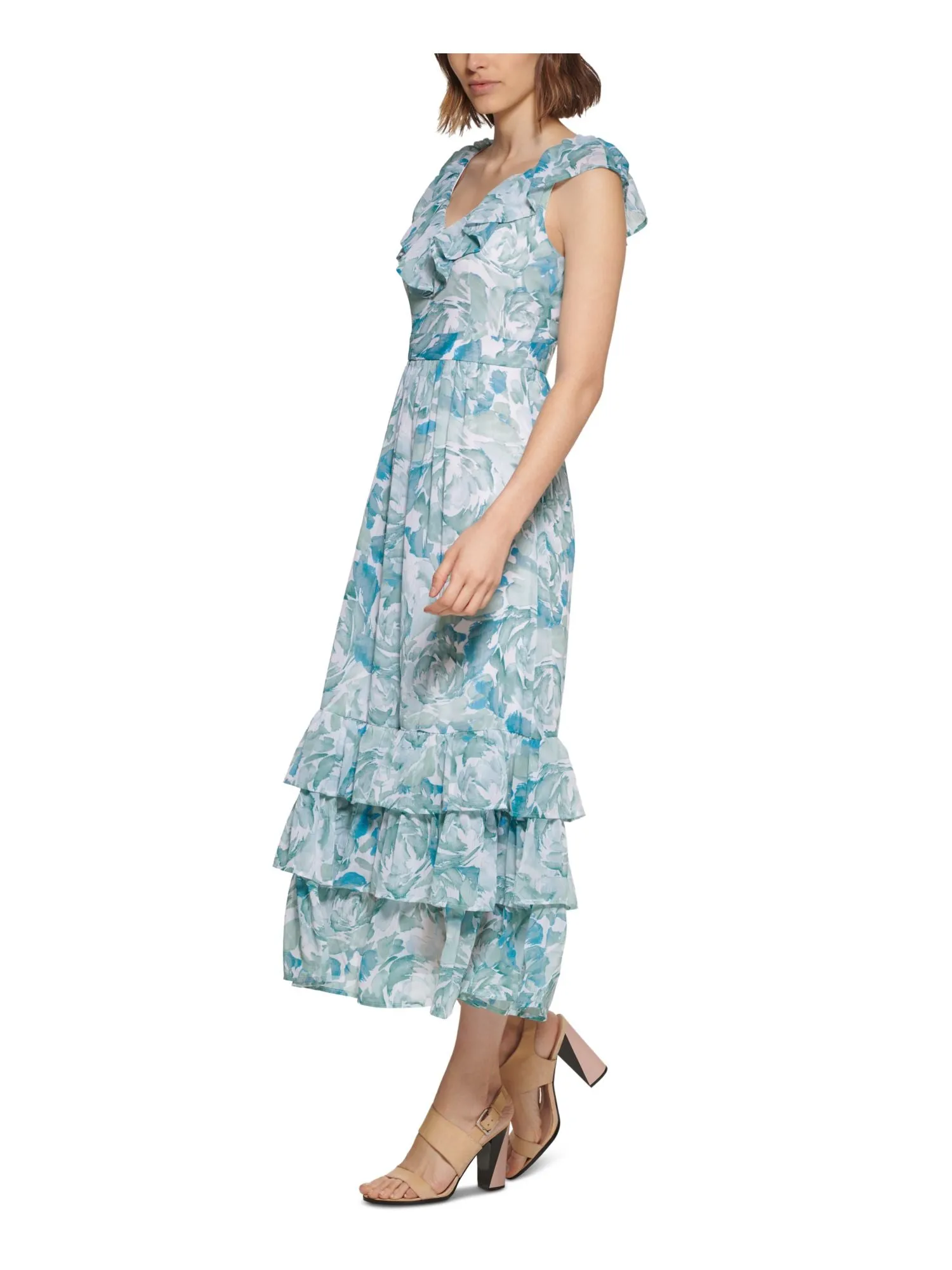 CALVIN KLEIN Womens Teal Zippered Ruffled V-back Tiered Skirt Lined Printed Flutter Sleeve V Neck Maxi Wear To Work Fit   Flare Dress
