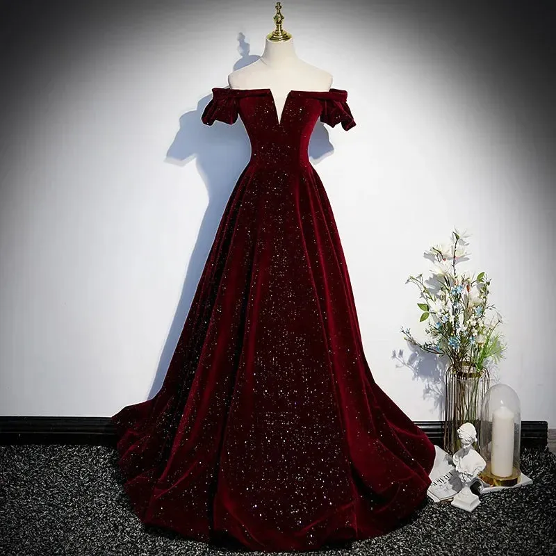 Lady Eloise's Wine Red Velvet Evening Gown Custom Made Formal Dress