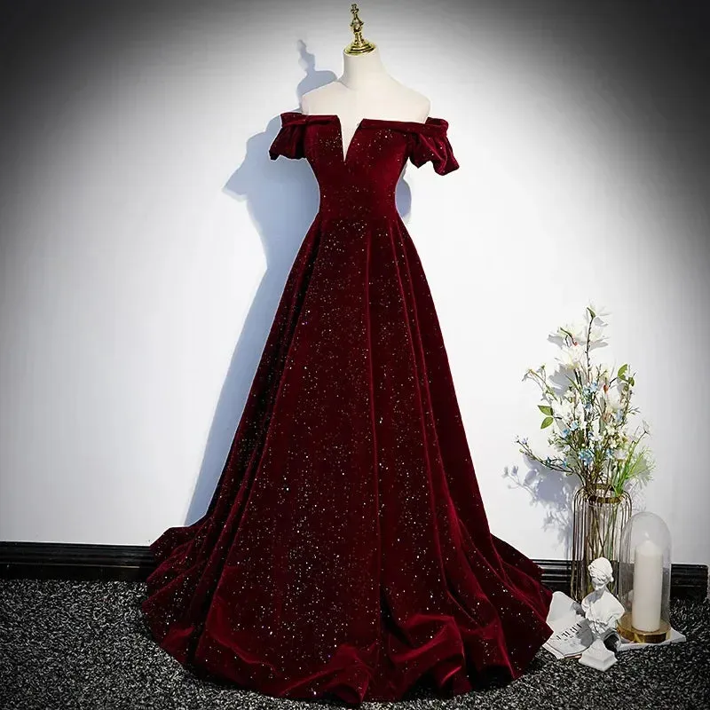 Lady Eloise's Wine Red Velvet Evening Gown Custom Made Formal Dress